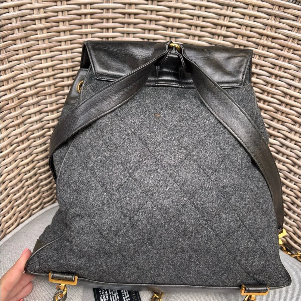 Authentic CHANEL tweed leather black khaki backpack